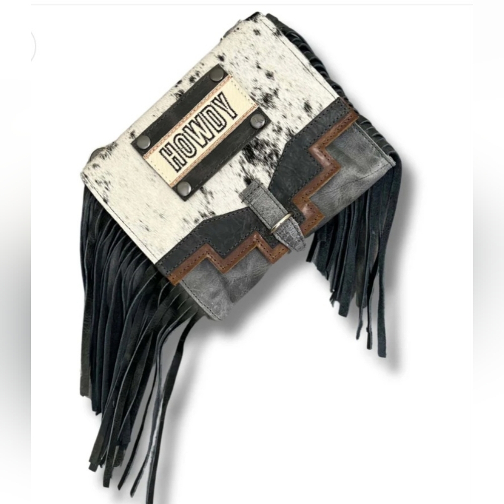 Pure Dixie Hair On Hide Gray Leather Stone Pouch Adjustable Crossbody